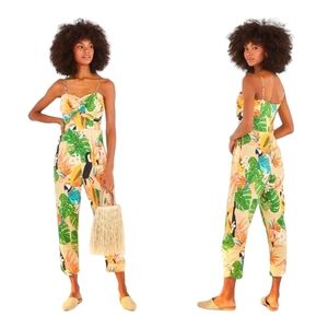 Farm Rio Beach Palm jumpsuit parrot tropical linen vacation XL like newBeach p